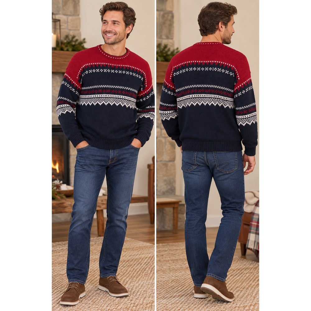 Nautica Mens Large Navy Blue Red 100% Cotton Fair Isle Chunky Knit Sweater
